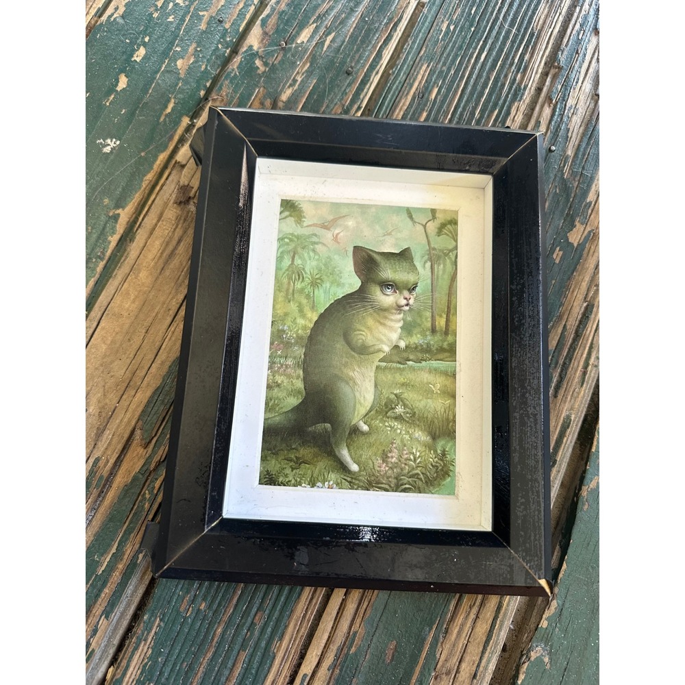 Surrealist Cat Dinosaur Hybrid Art Print Black Beveled Frame 6.5x8.5 A4123